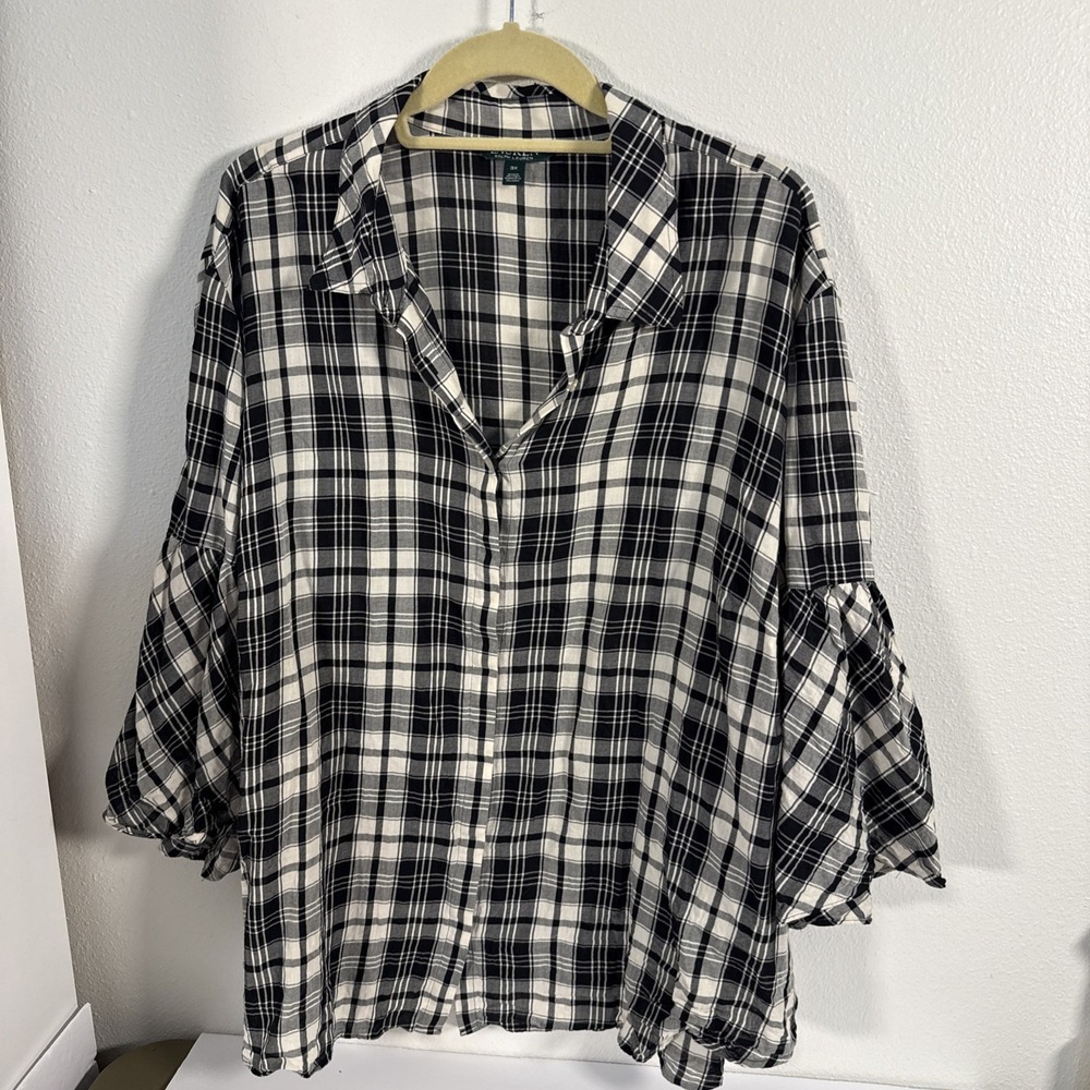 Lauren Ralph Lauren Shirt Women 3X Black White Floral Button Up Cotton Blouse C1